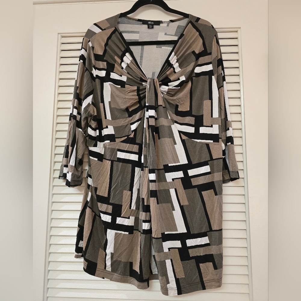 Ellos - (Plus-Size) Geometric Pattern Twisted Front Knot Tunic Top